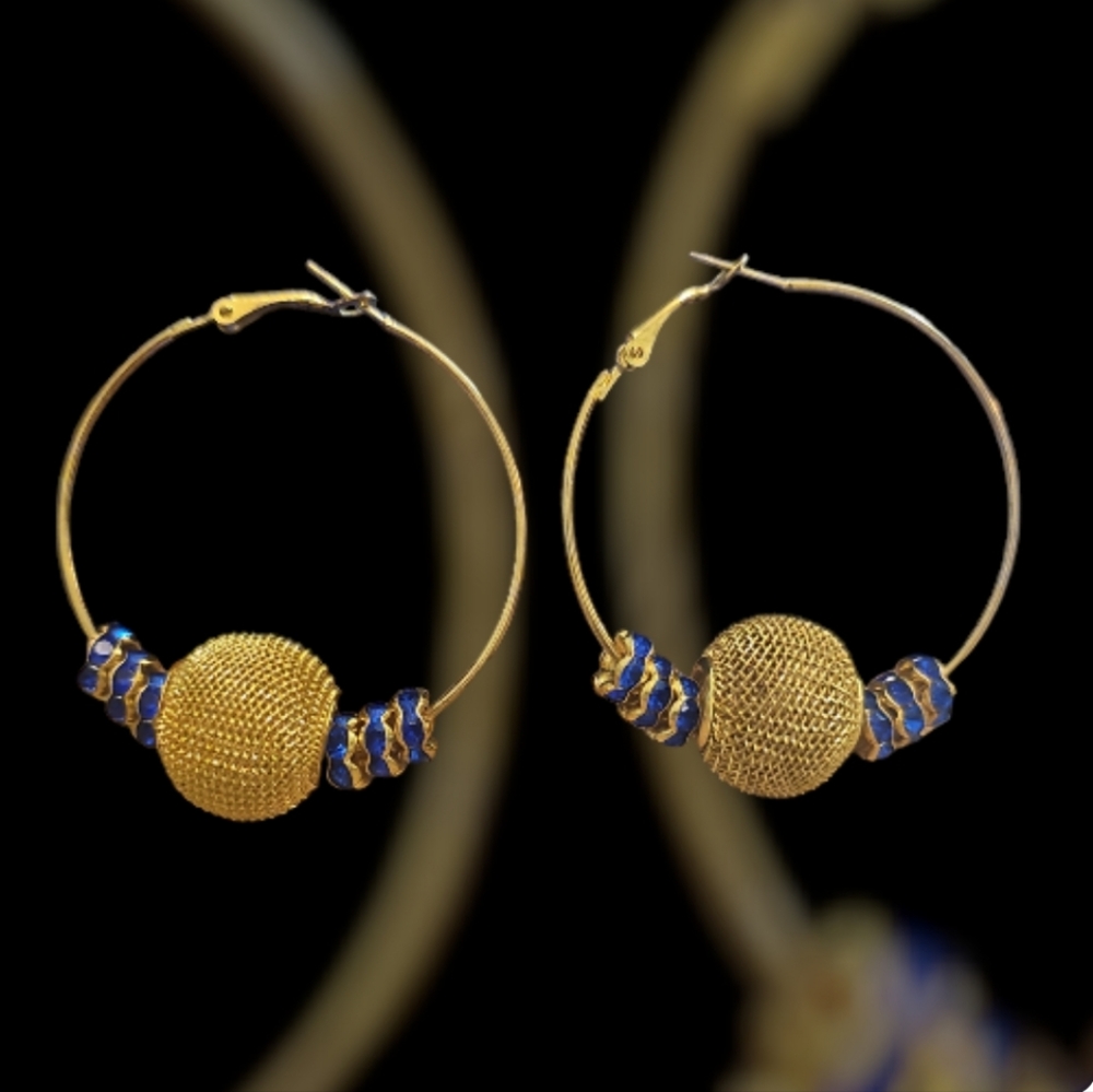 Gold Plated Handcrafted Ball Drop Hoops & Sapphire Imitation Crystal. - Picture 2 of 5